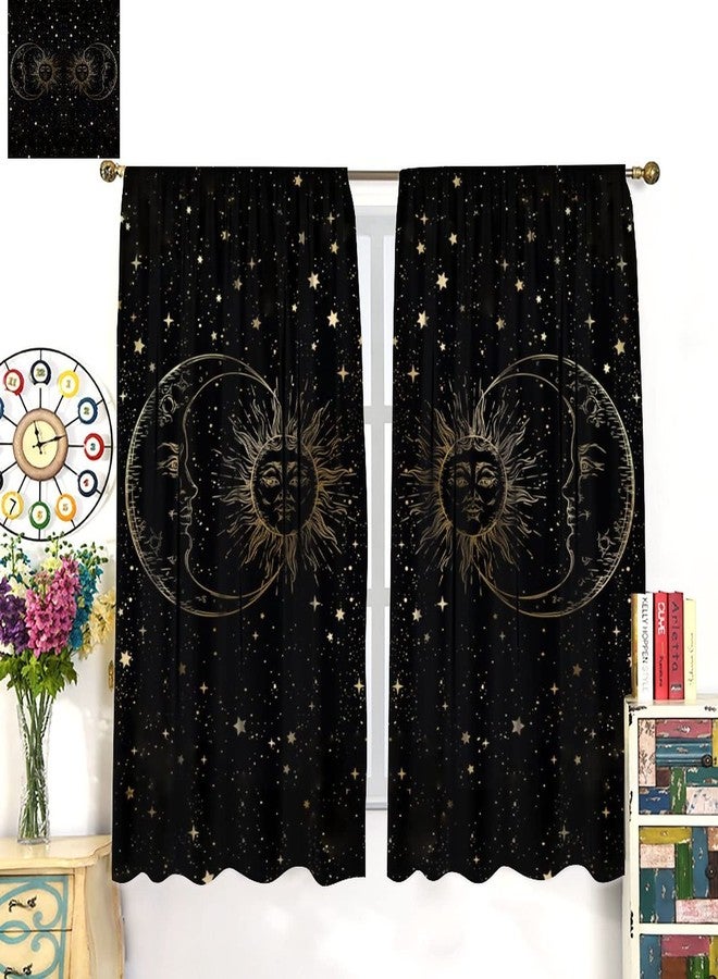 GoDazzling ستائر تعتيم النوافذ من GoDazzling Sun Moon، ستائر بنمط بوهيمي مزينة بنجوم وشمس ذهبية وسماء سوداء، مناسبة لغرفة المعيشة وغرفة النوم، مقاس 42 × 45 بوصة، قطعتان. - Image 3